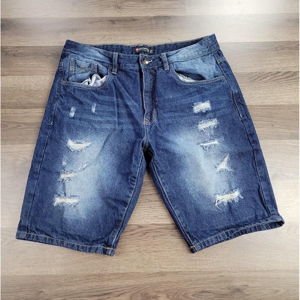 Vintage Southpole Jean Shorts Size 36 Dark Wash Baggy Y2K Distressed Ripped
